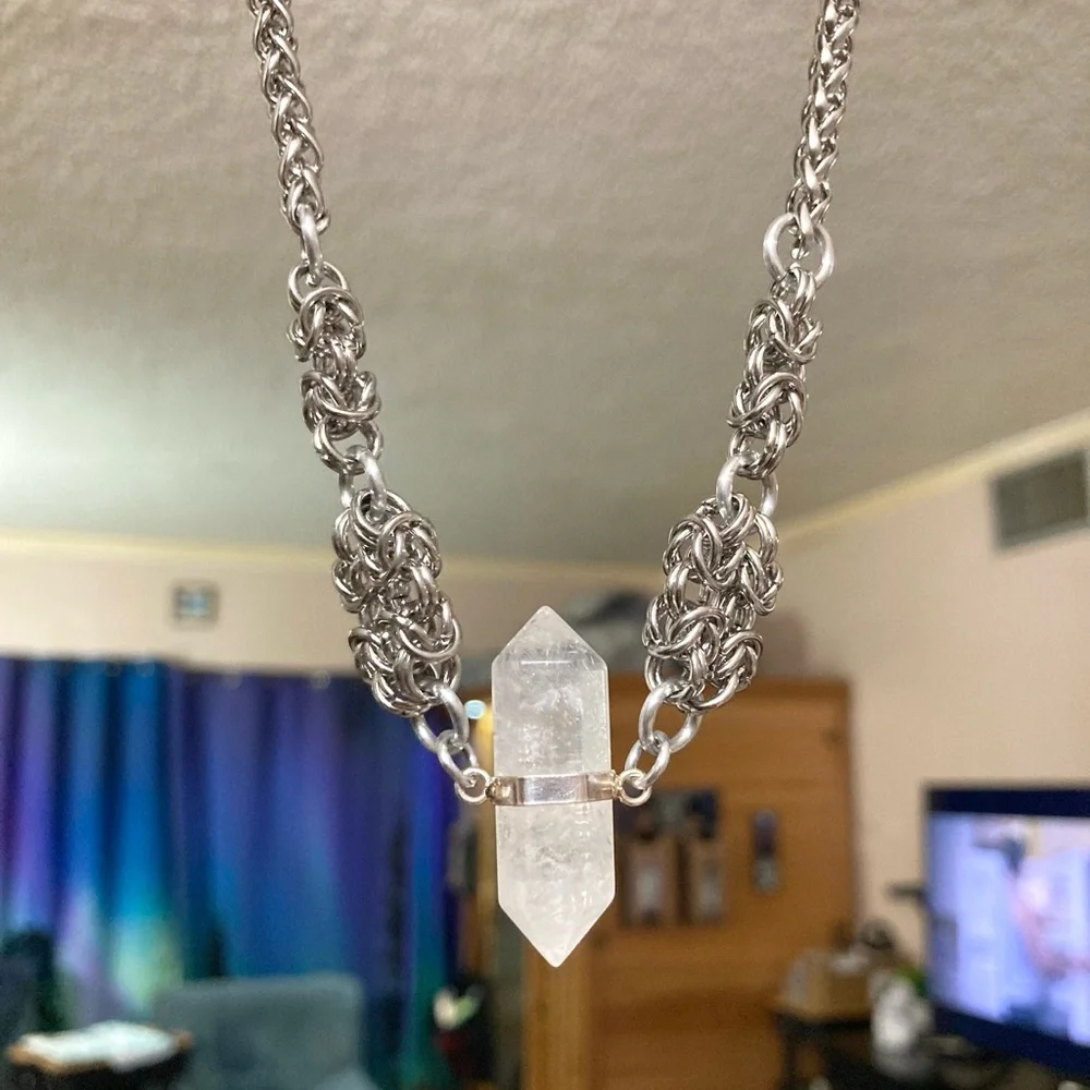 Genuine Double point clear crystal quartz maille silver boho choker necklace . - Picture 5 of 12